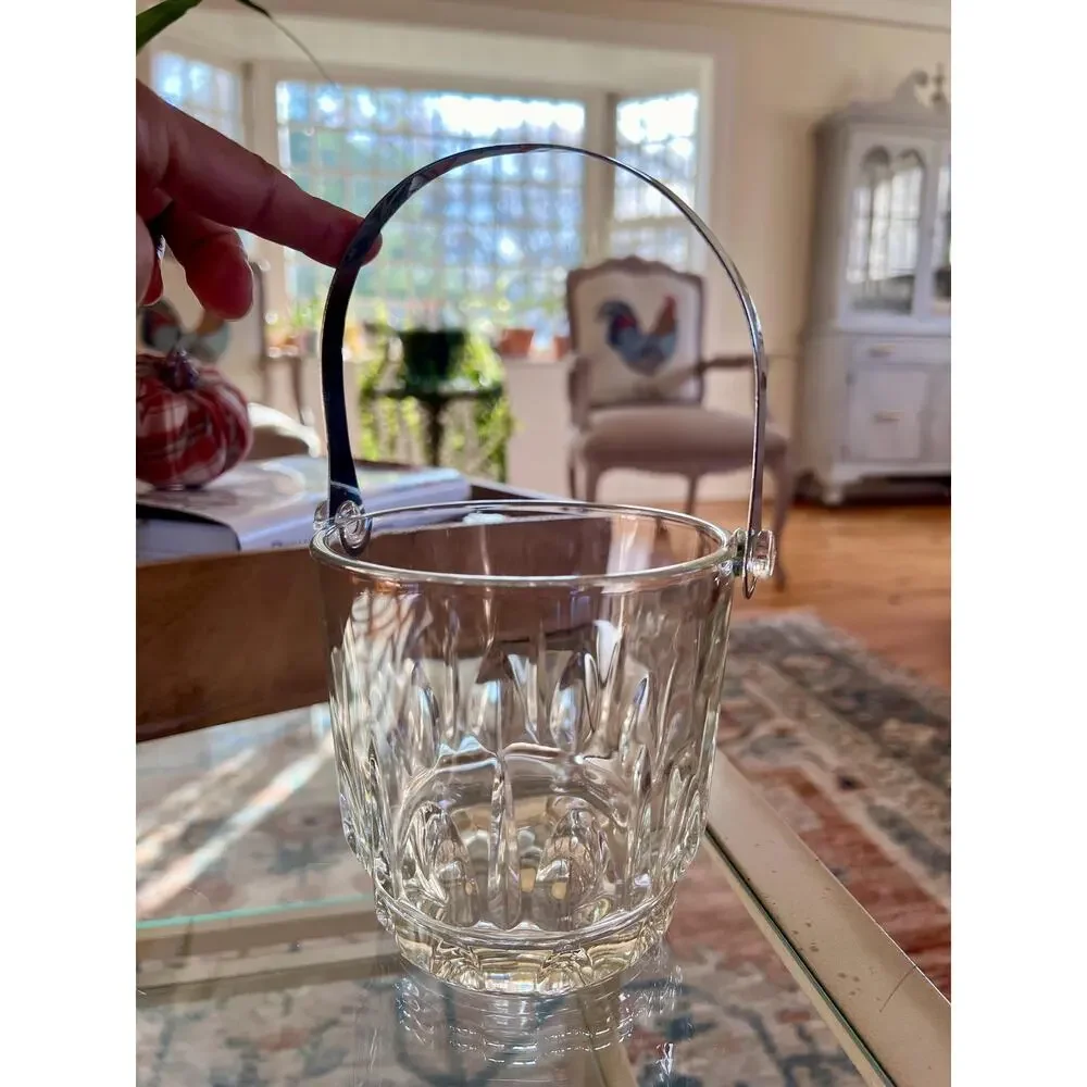 Vintage Glass Ice Bucket with Silver Handle, Barware Made in Italy